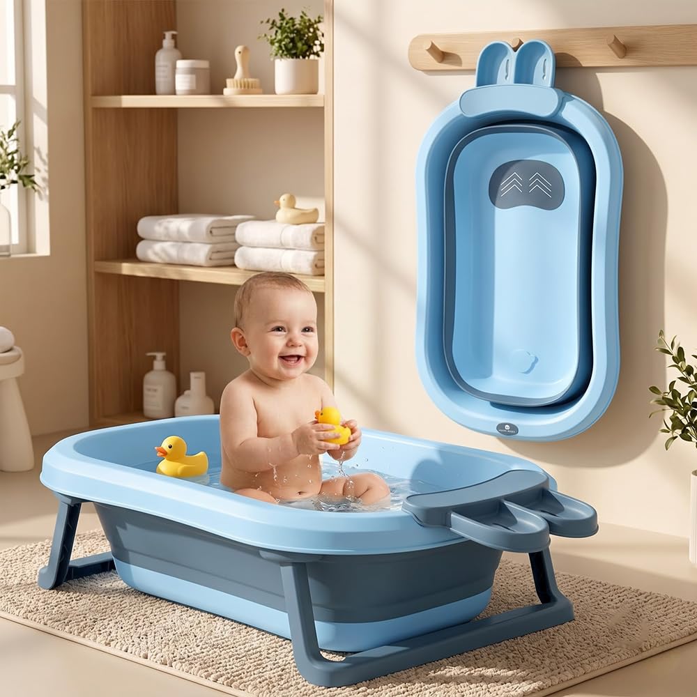 StarAndDaisy Bath Tub for Baby 0-5 Years/Foldable Legs Bath Tub for Kids | with Anti-Slip Safety Pad, Space Saving Design Newborn Baby Folding Bathing Tub Girls & Boys, Easy to Store -Light Blue
