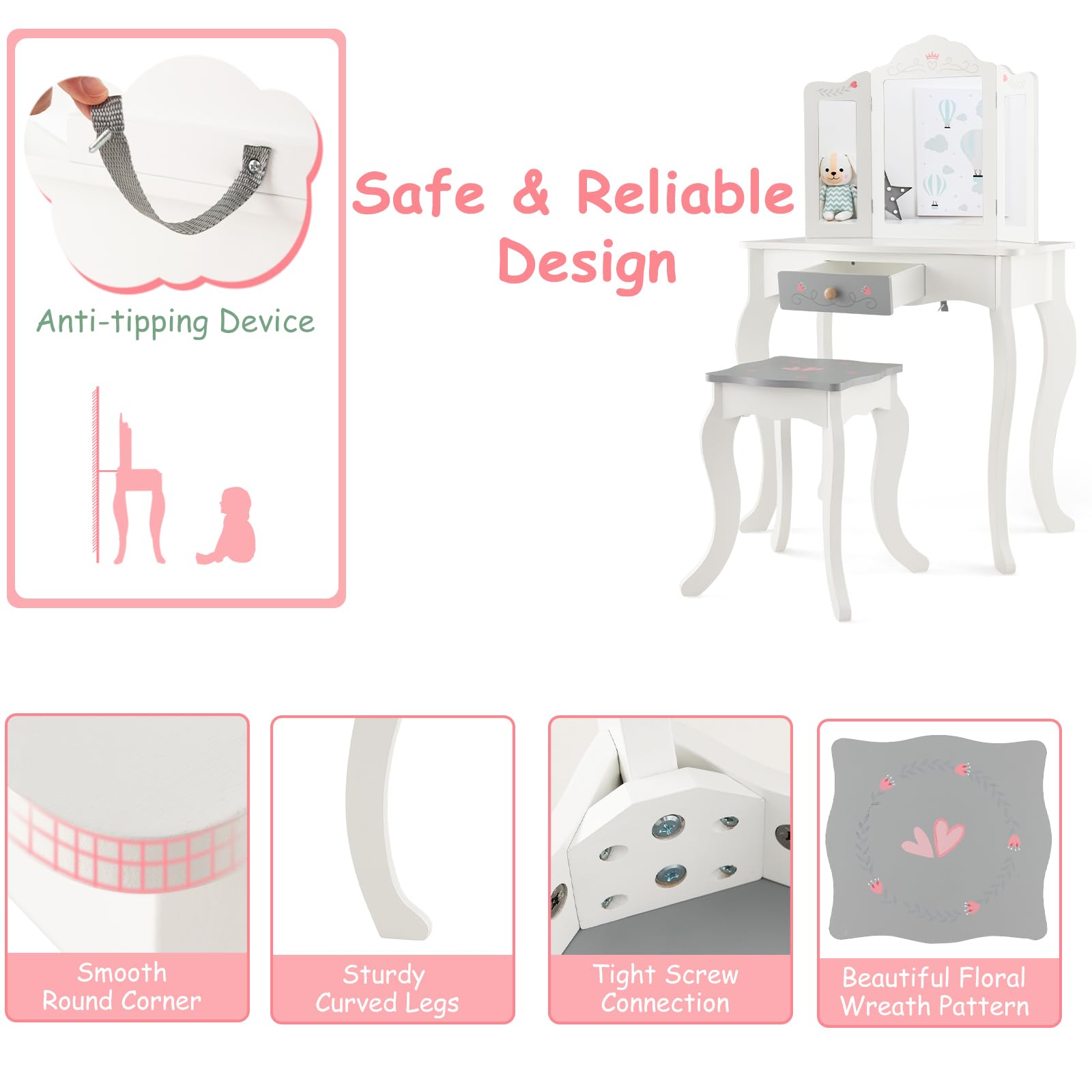 LIFEZEAL 2 in 1 Toeletta con Specchio Rimovibile e Sgabello per Bambini, Tavolo da Trucco in Legno con 10 Giocattoli per Ragazze di 3+ Anni, Portata di 50 kg, Rosa e Bianco (Specchio Triplo)