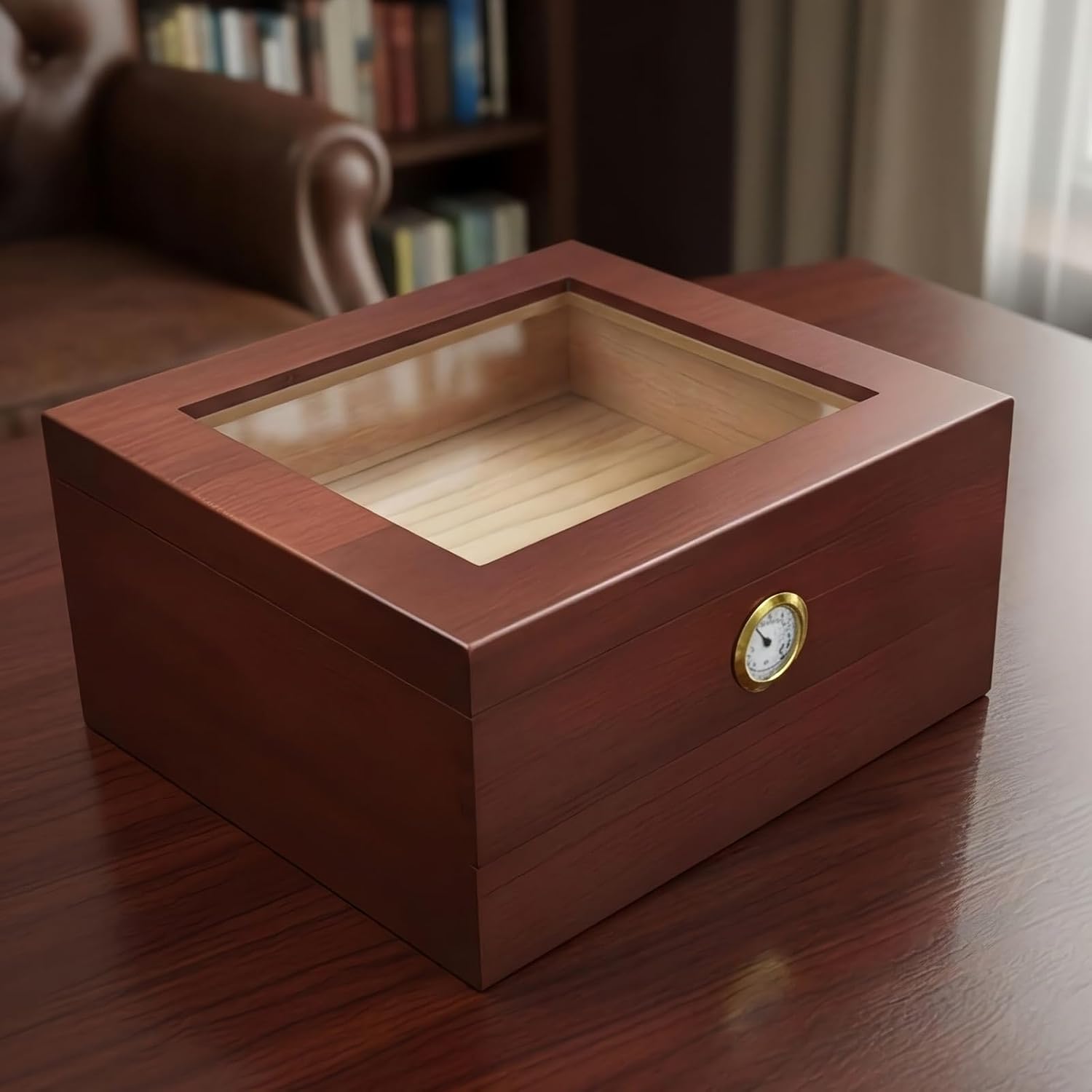 Pine Wood Cigar Humidor with Digital Hygrometer and Accessory Drawer - Handcrafted Two-Layer Large Capacity Cigar Box with Spanish Cedar Lining - Real Glass Top Display for 20-50Cigars, Men's Gift