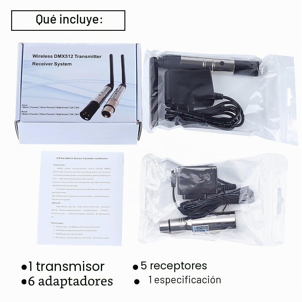 CHINLY DMX512 2,4G ISM 1 Transmisor y 5 Receptores Inalámbricos Batería Integrada Recargable para Luces Led de Fiesta de DJ Stage Bar