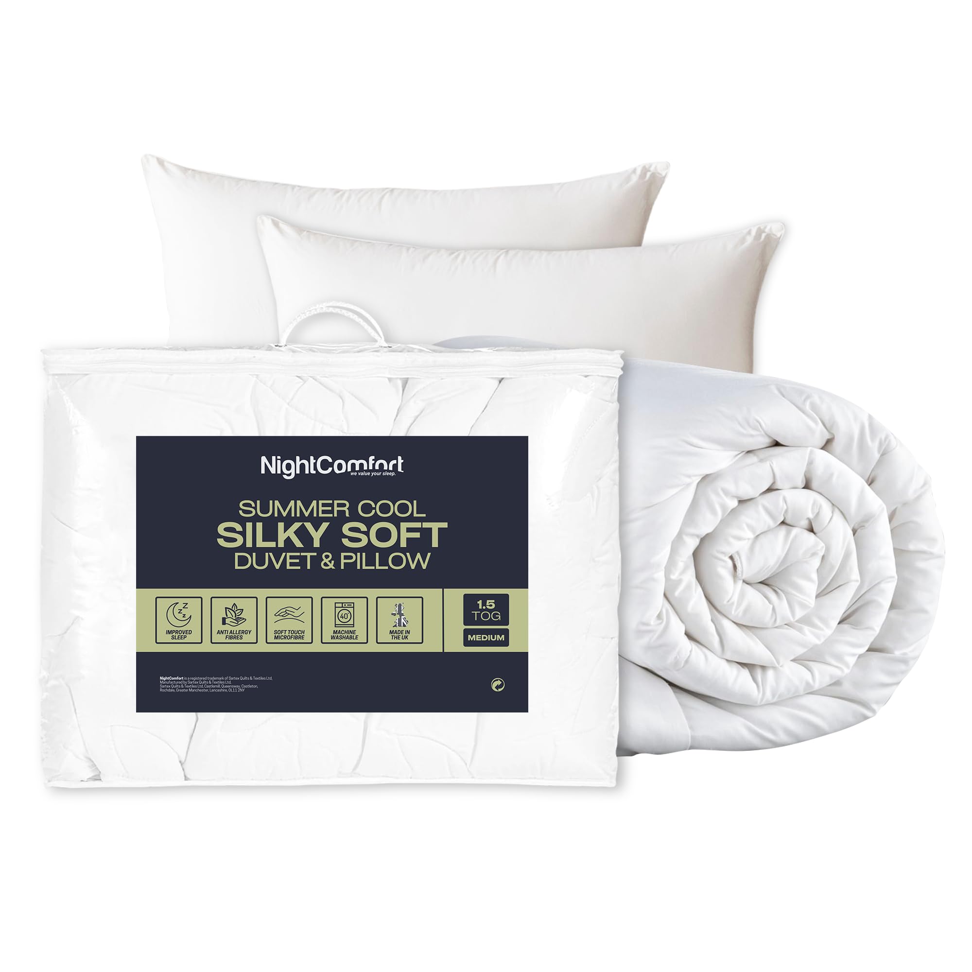 Night Comfort Super Soft Touch Microfiber Cover Anti Allergy Hollowfibre 1.5 Tog Summer Cool SuperKing Duvet and Pillow Pair