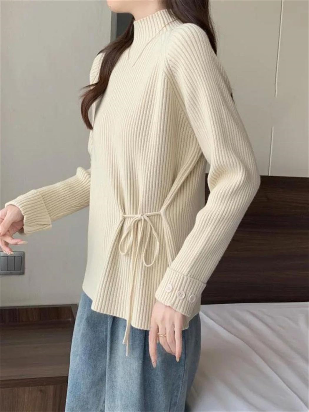 Sweter Damski Z Dzianiny, Z Półwysokim Dekoltem, Sznurowany, Z Długim Rękawem, Luźny, Swobodny, W Stylu Koreańskim-Black-Medium