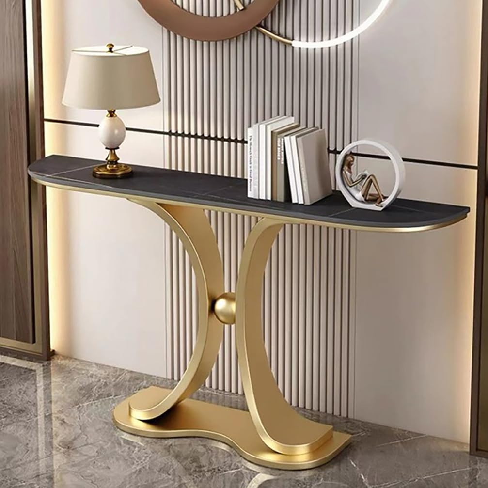 WYRNOBRX Console Tables for Entryway with Marble-Look Top Metal Side Table Minimalist Entry Way Table Home Decor for Living Rooms, Hallways, And Hotel Lobbies,Gold/C,L100*H80*W30