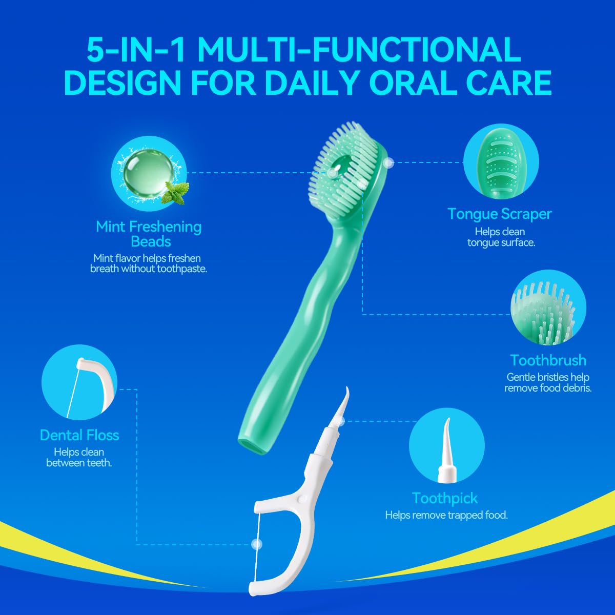 Cepillo de dientes desechable de viaje, paquete de 30 envueltos individualmente, cuidado bucal todo en uno con cuentas refrescantes de menta, no necesita agua, cepillo de dientes para llevar