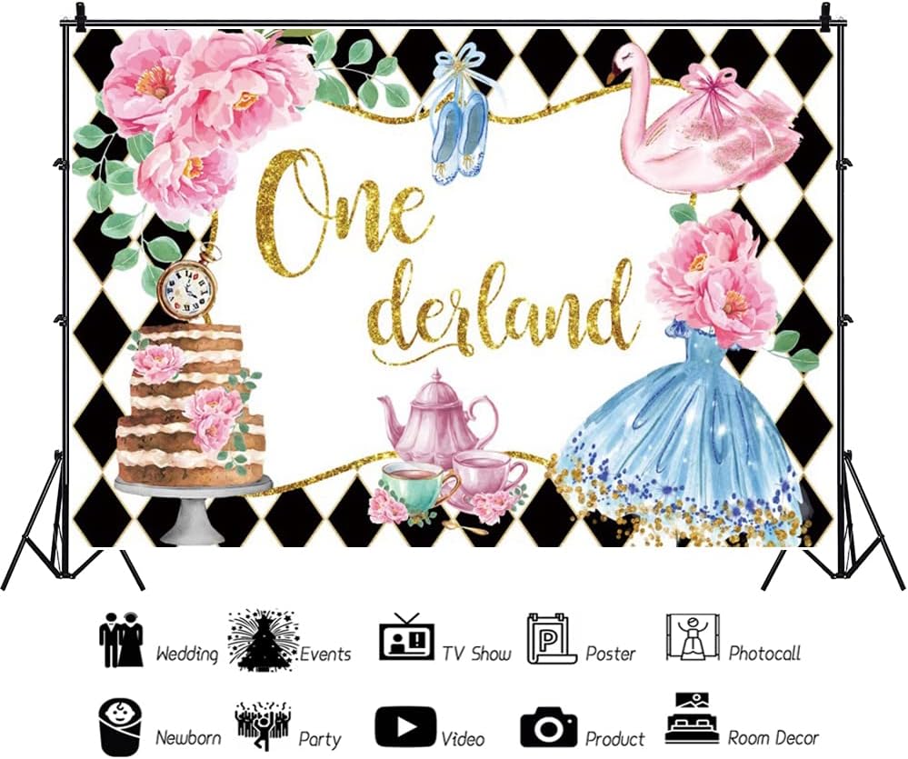 Renaiss 7x5ft Wonderland First Birthday Backdrop Pocket Watch Black White Checks Onederland Tea Party Background Princess Dress Pink Floral Tea Theme Girls 1st Birthday Party Decor Photo Booth Props