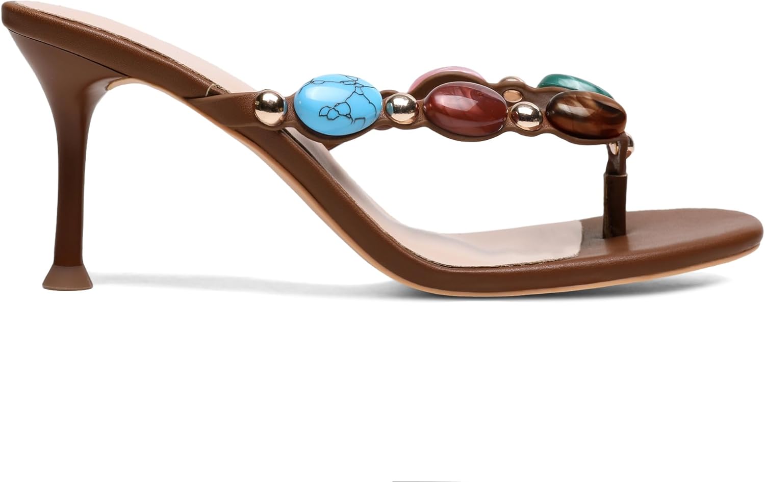 Women's Jeweled Thong Strappy Sandal Summer Mules Kitten Heels Flip Flop Round Open Toe Mid Heels Fashion Wedding Party Dress Thong Casual Shoes - Image 4