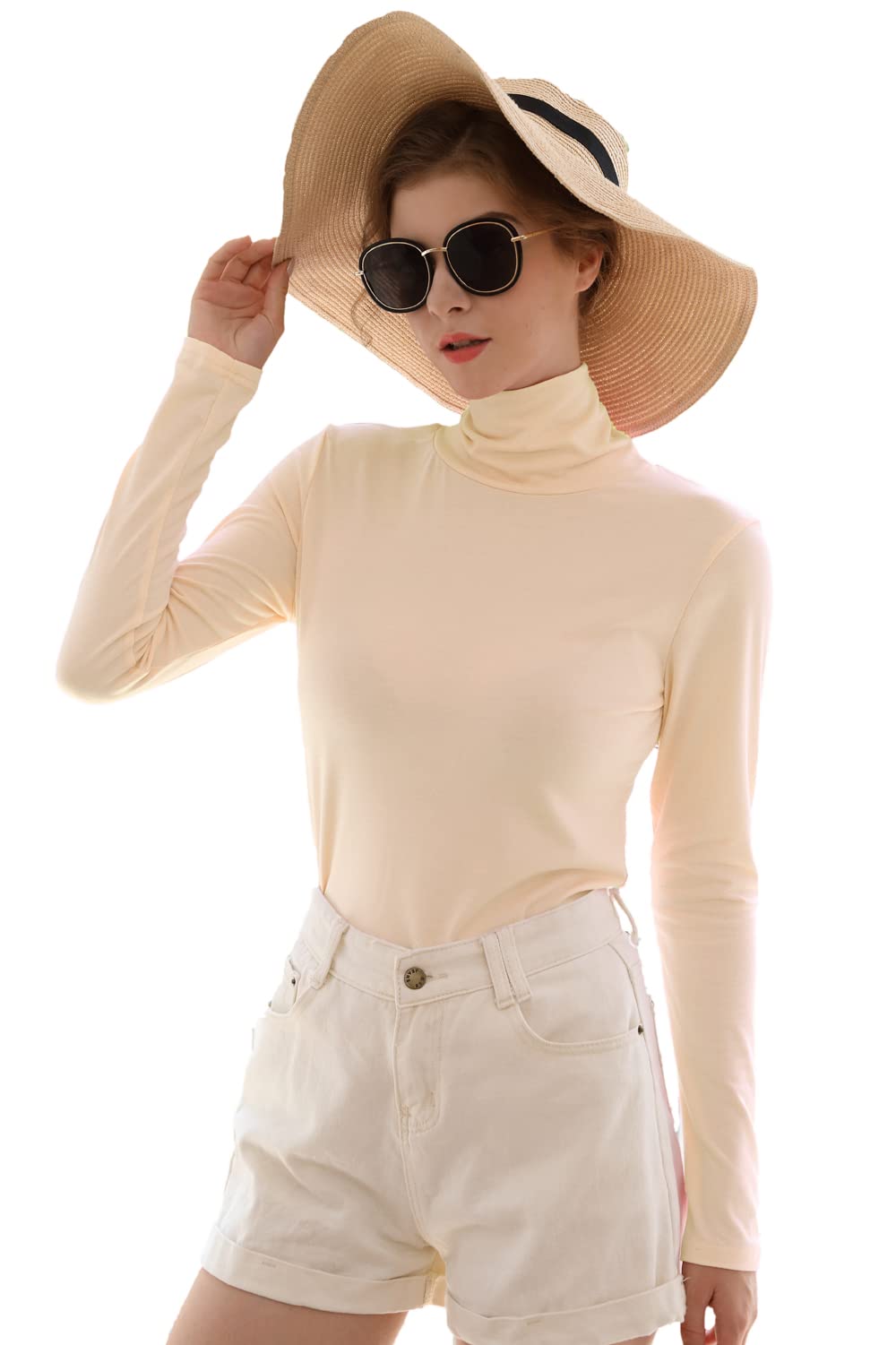 Sunfaynis Women's Long Sleeve - Beige Soft Cotton Mock Turtleneck Shirt Baselayer Tops Underwear Shirt - XX-Large