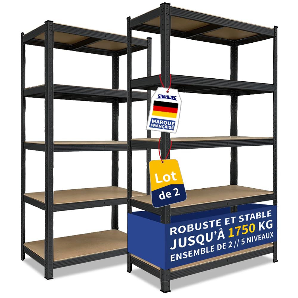 Steinweg Lot de 2 étagères pour charges lourdes - 180 x 90 x 40 cm - Charge maximale : 875 kg - 0,63 mm - 5 panneaux MDF réglables - Étagère de rangement - Pour cave, atelier, noir laqué