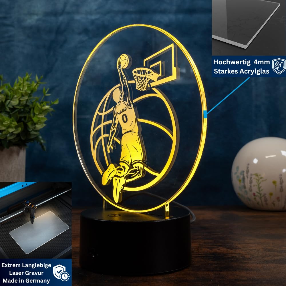 Personalisierte Basketball Lampe mit Name & Nummer – LED Nachtlicht Kinder Geschenk, Basketball Spieler Deko, Sport Geschenkidee Junge, 16 Farben dimmbar