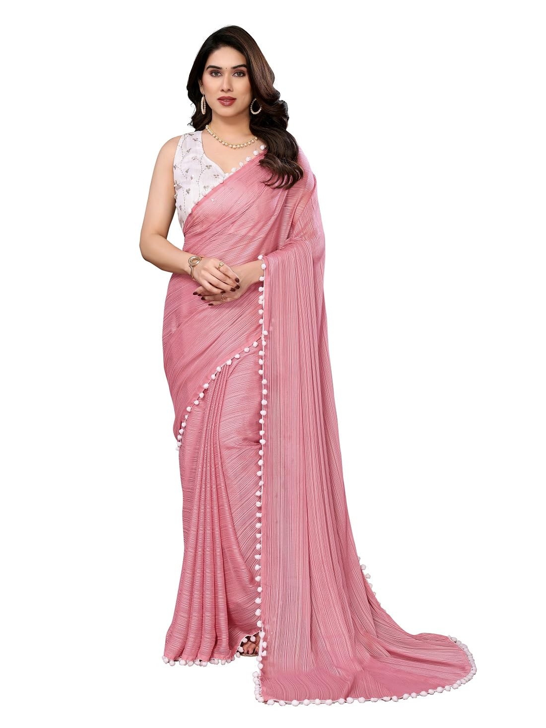 RAJESHWAR FASHION WITH RF Women's Polyester Weaving Zari Work Plain Sarees For Women With Pom Pom Lace Border & Sequence Embroidery Work Blouse Piece Material
