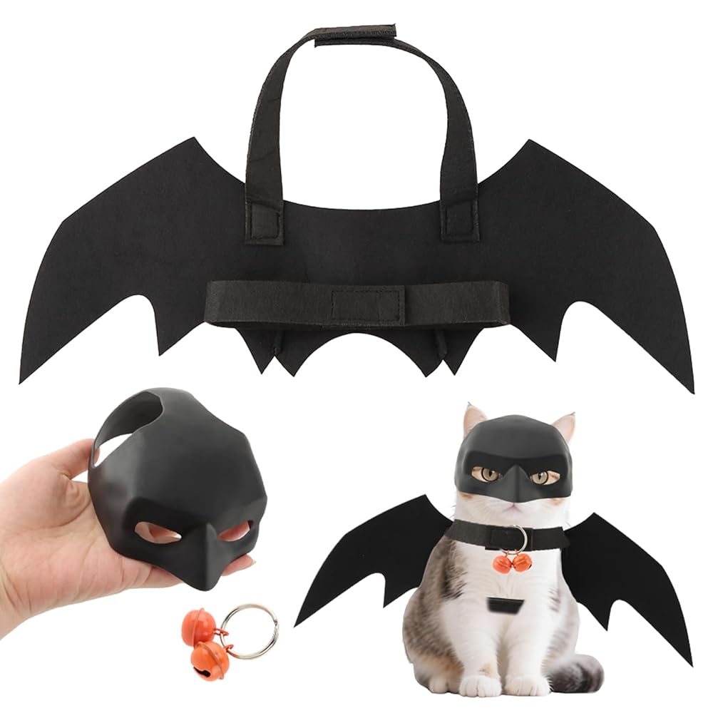 Cute Halloween Cat Bat Costume Set - Mask, Wings, Bells | Fits Small-Medium Cats, Festive for Halloween Parties & Themed Events | Add Fun to Pet Celebrations