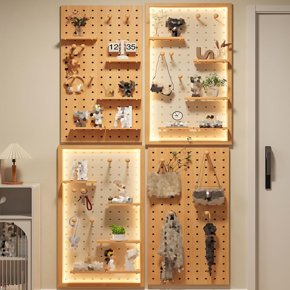 Pegboard Organiser, Holz Ornament Display Peg Board, Wandhalterung Display Stand, Storage Combination Set Mit Dekorativem Brett Holzstäbe Für Home Office Garage(WoodB,65X85X2cm)