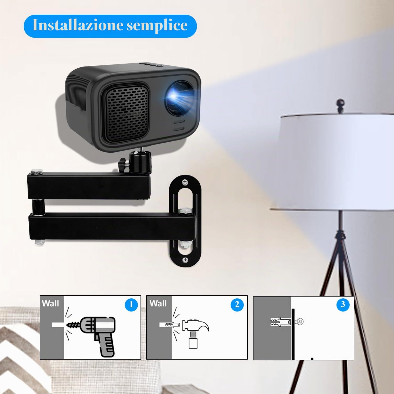 Supporto Per Proiettore A Parete, Staffa In Metallo Multiangolo Regolabile Proiettore/Supporto Monitor Con Interfaccia Vite Da 1/4 Di Pollice Braccio Articolato