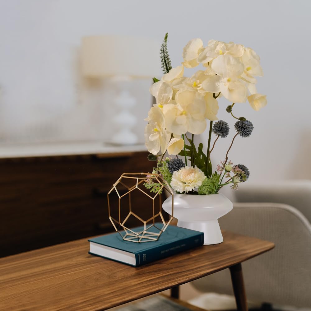 LESING Fake Orchids Flowers Arrangement in Pot,Faux Silk Orchid Artificial Flower Plant with Ceramic Vase for Table Home Decor (White Vase,White)