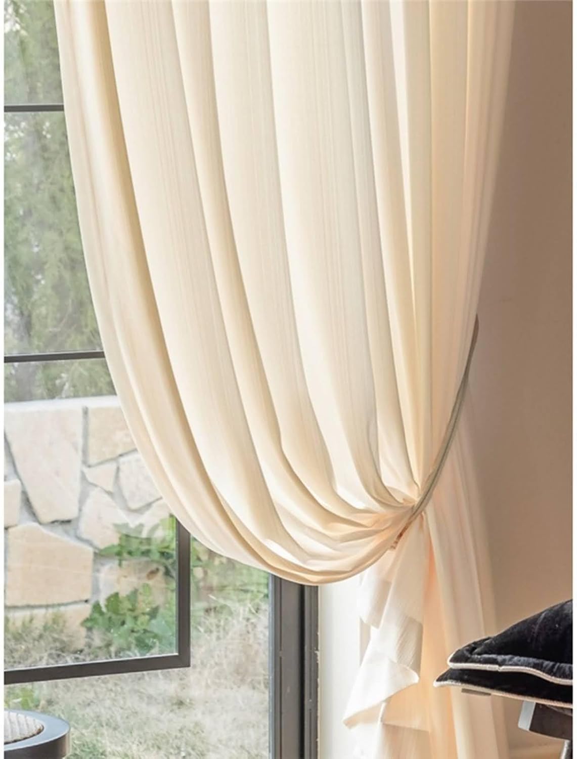 Sheer Curtains for Living Room 2 Panels Set 54 inch Long, Voile Curtain Eyelets Simple Solid Color Vertical Stripes Texture Window Treatment for Bedroom Cream Beige, 40 x 54 Inch