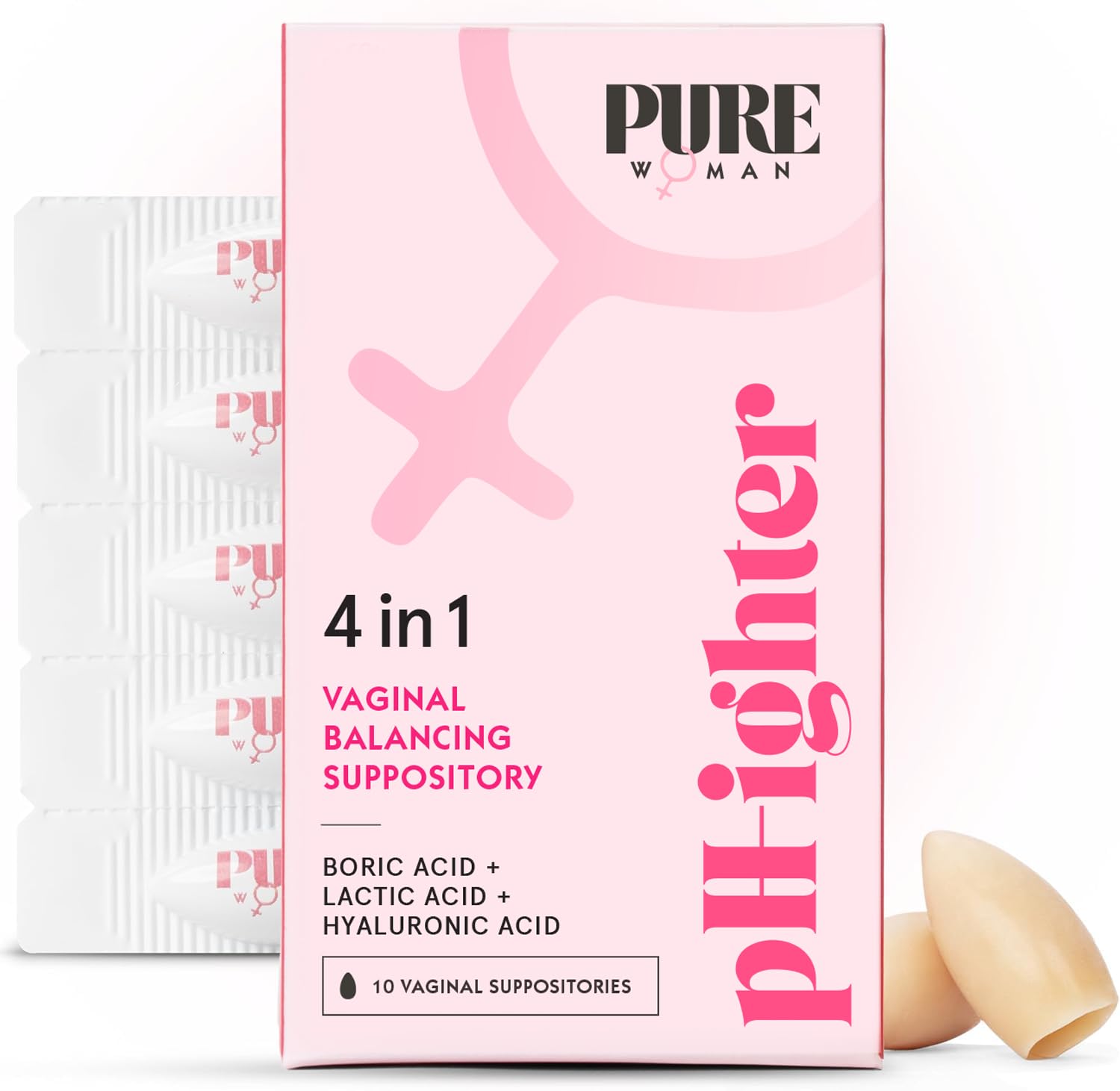 PURE WOMAN - pH-ighter Vaginal Boric Acid Suppositories for Women - Hyaluronic Acid - 4 in 1 Vaginal Suppositories for Discomfort, Dryness, Odor & pH Balance- Full Vaginal Health Care - 10ct