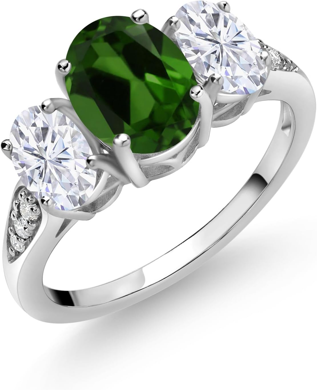 Gem Stone King 10K White Gold Green Chrome Diopside White Moissanite and White Lab Grown Diamond 3 Stone Engagement Ring For Women (2.24 Cttw, Gemstone Birthstone)