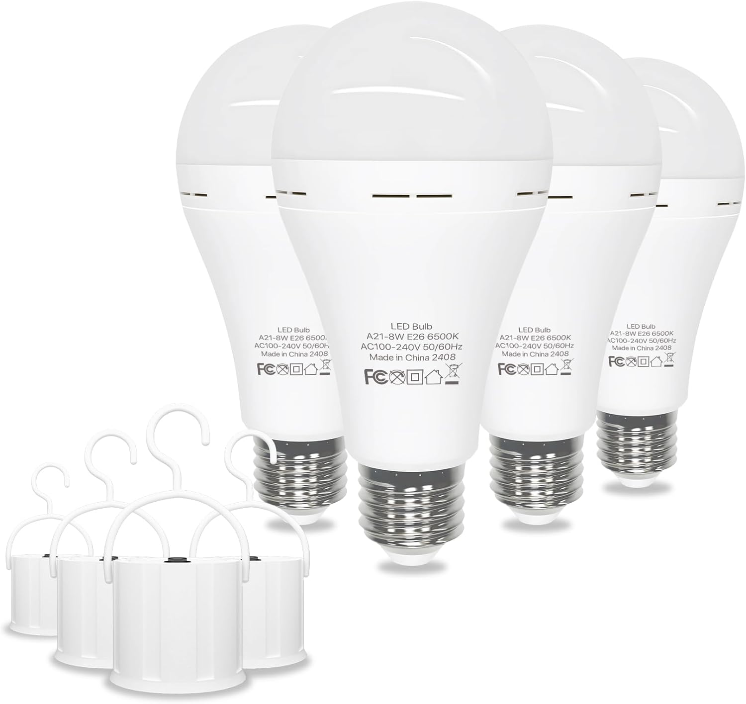 Emergency Rechargeable Light Bulbs 60 Watt, Cool White 6500K Battery Powered Light Bulb E26 Base, LED Battery Operated Light Bulb Long Lasting for Lamps, Power Outage, Sconces, 4 Pack