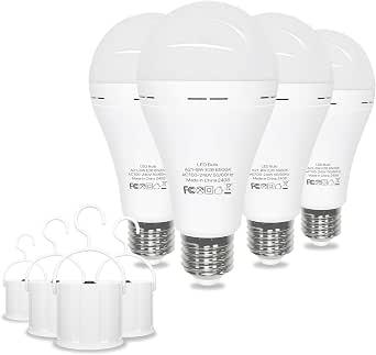 Emergency Rechargeable Light Bulbs, 60W Equivalent, 6500K, E26, 4 Pack
