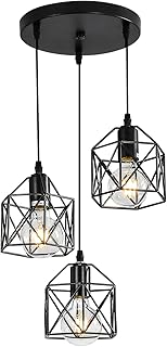 DELIPOP 3 Luces Lámparas Colgantes Vintage Industrial, Lámparas de Techo Diseño de Jaula de Hierro Negro, Iluminación E27 Retro Luz Colgante Para Cocina Comedor Sala de estar (Sin Bombillas)