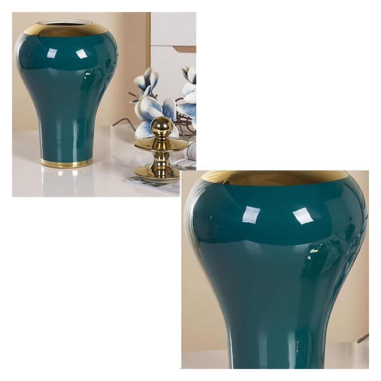 Wazon w kolorze zielonym, ceramiczny słoik na imbir, wazony ze złotym wykończeniem, porcelanowy słoik do przechowywania, wazon, słoiki świątynne z pokrywką, pojemniki na środek stołu, ozdoba, kom