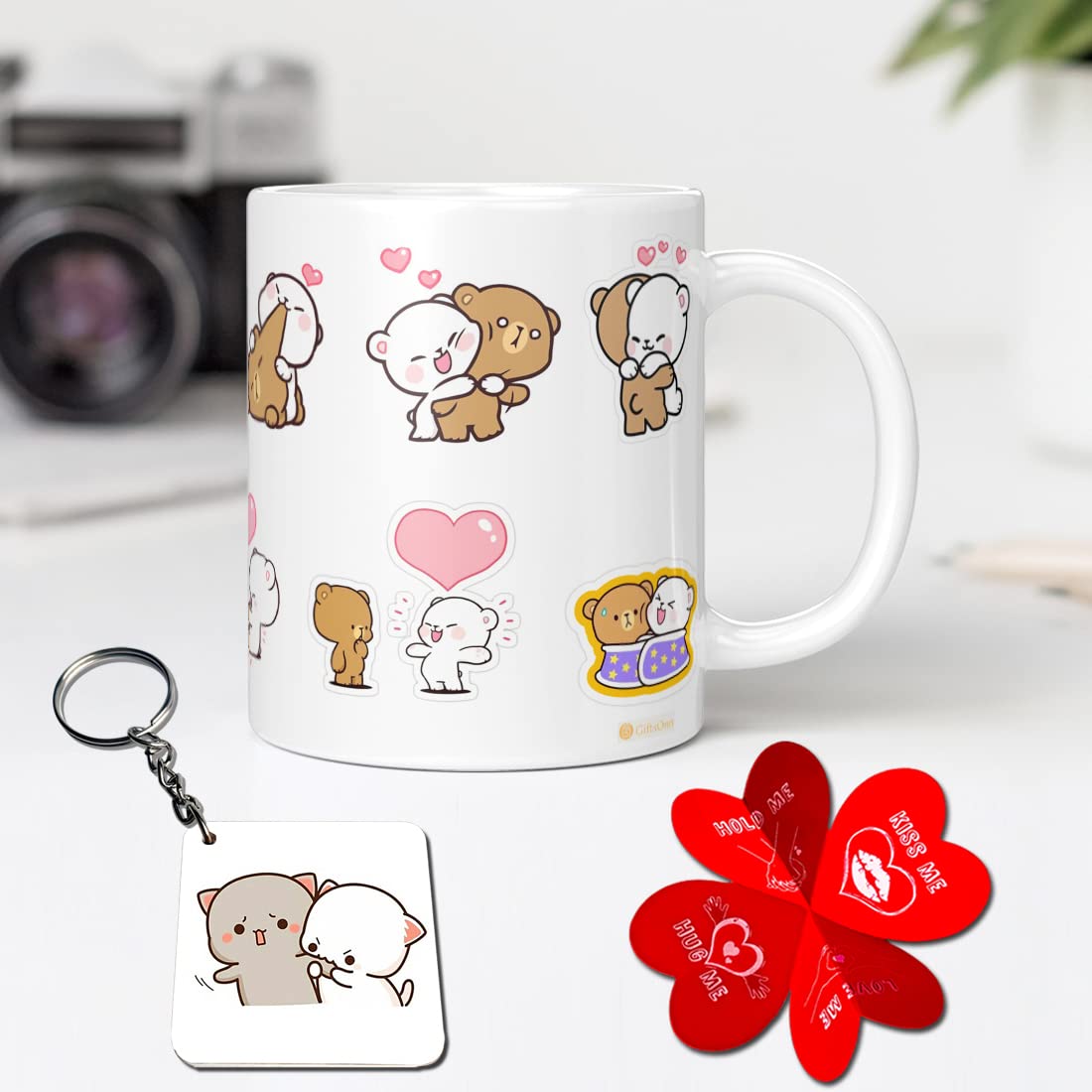Goma & Peach Bear Combo Gift Set Love Gift for Girlfriend,Boyfriend,Wife,Husband, Anniversary,Valentine's Day,Birthday,Gift for Love,Super Quality(White Mug, 330 ml,Keychain, Card)