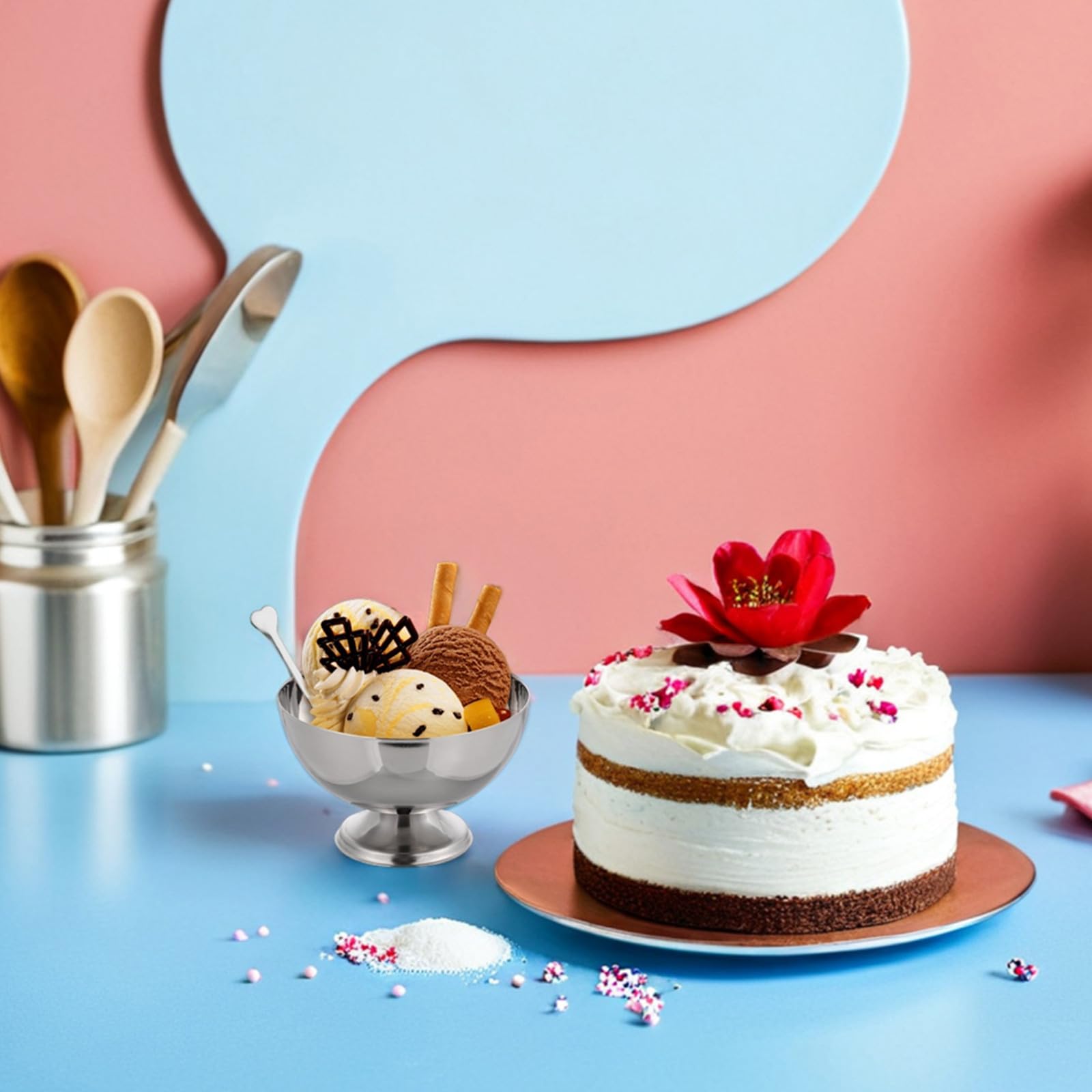 SHINEOFI Eisbecher, 6 Stück, 300 Ml, Edelstahl-dessertbecher mit Gabel, Salatschüssel, Eisbecher mit Fuß für Eiscreme, Joghurt, Süßigkeiten, Snacks, Obst, Kuchen – Party, Zuhause, Restaurants