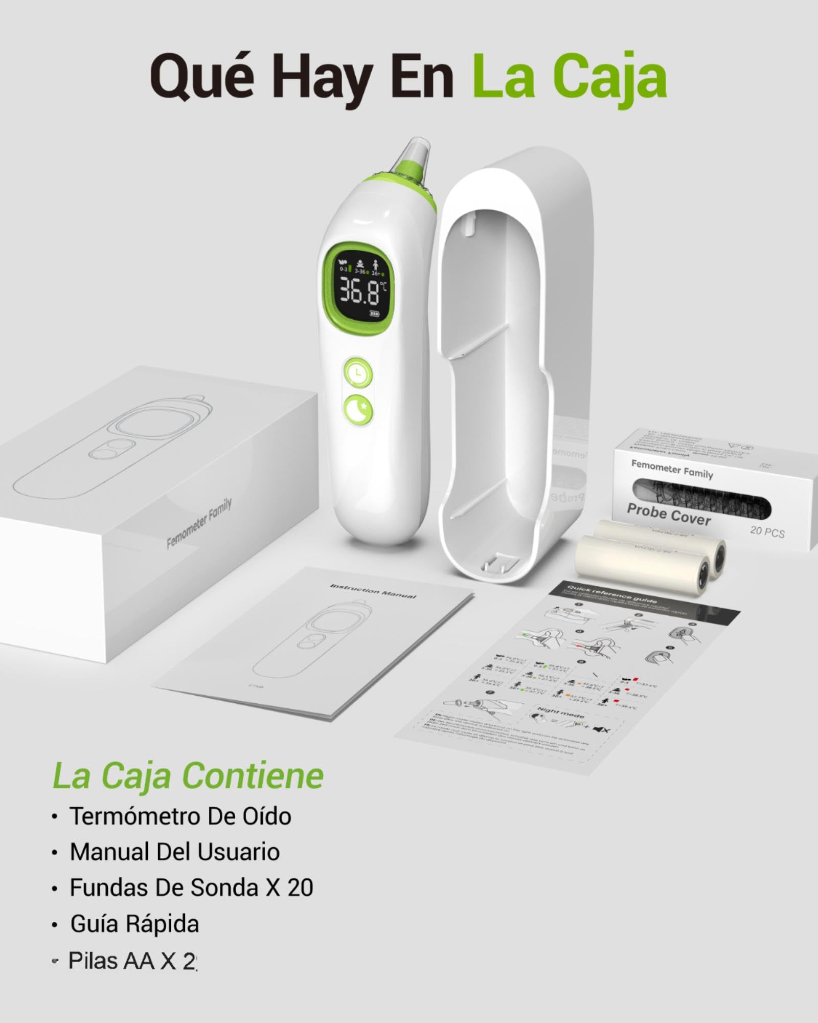Termómetro de oído,termometro ouvido de alta precisión para bebés, niños y adultos, Tecnología Age Grouping, termometro auricular, con luz noctura para fiebre
