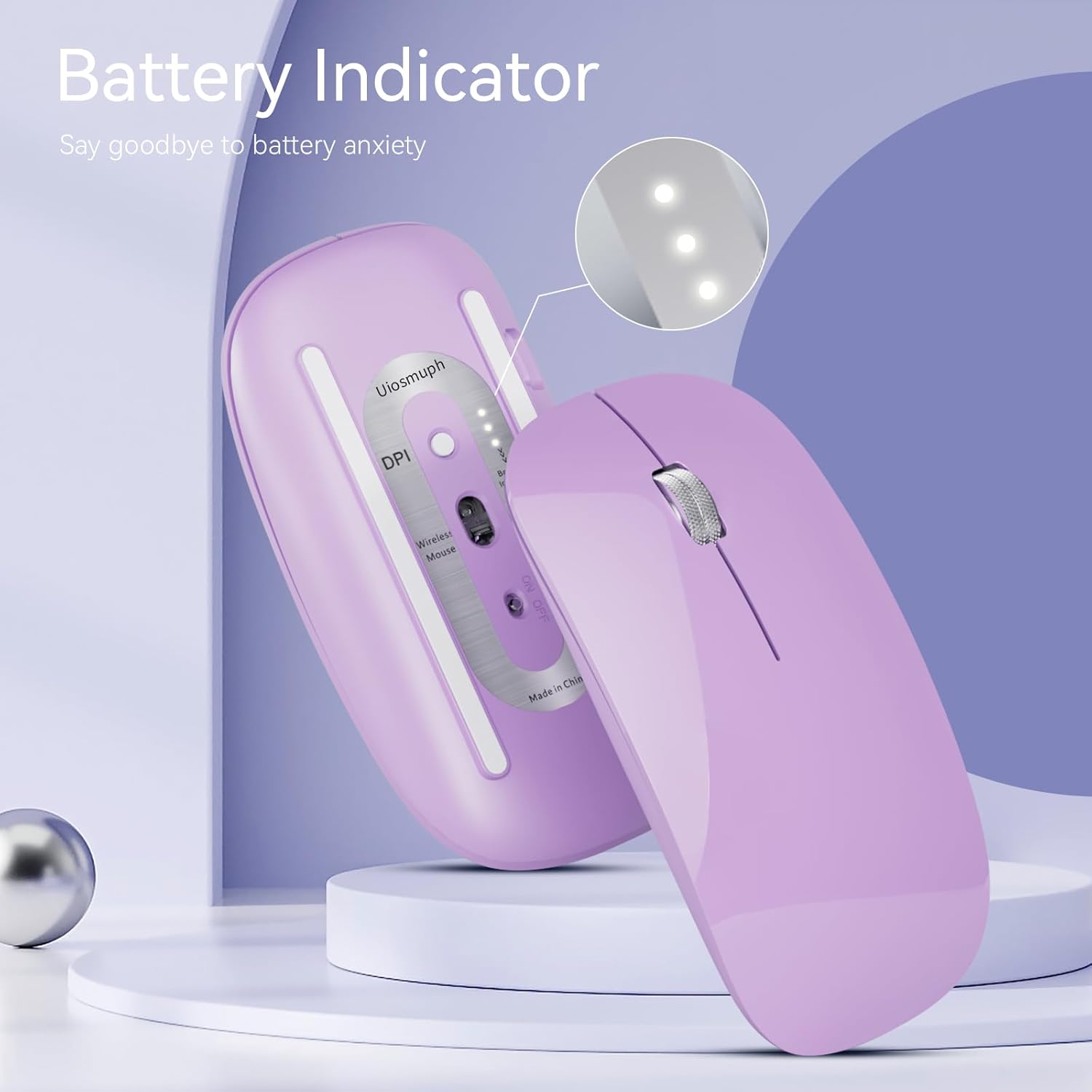 Underside of Uiosmuph G11 Wireless Mouse showing DPI button, ON/OFF switch, and battery indicator lights