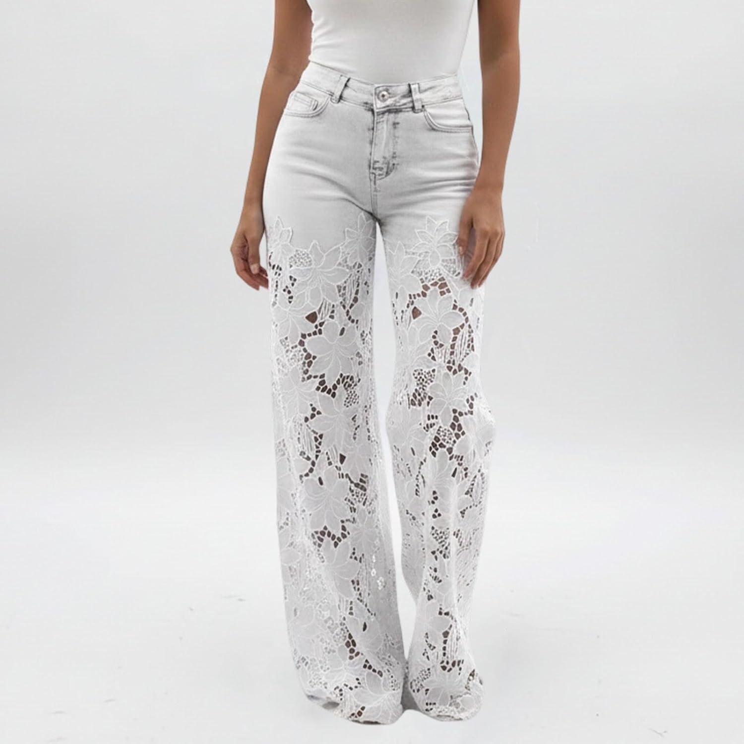 Women Wide Leg Jeans | Hollow Lace Spliced,Wide Leg High Waist Jeans Baggy Denim Pants,for Daily Wear