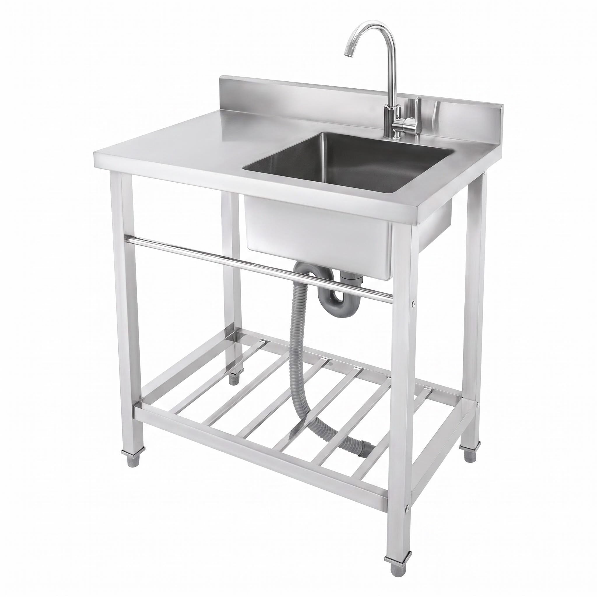 Freistehende Küchenspüle Edelstahl Spülbecken, Multifunktions Spüle mit Wasserhahn mit Kalt und Warmwasserschläuchen, 80×55×92 cm Gewerbliche Spülbecken, Tragfähigkeit 99.8 kg für Außen, Lnnen, Küche,