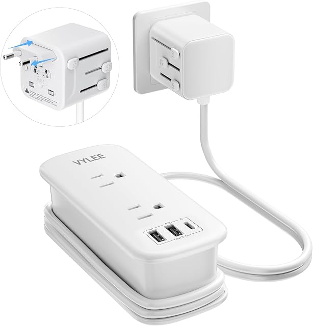 VYLEE Power Strip European Travel Plug Adapter, EU/UK/US Travel Plug Adapter, 2 AC Outlets, 3 USB Ports (1 USB C), 5ft Wrapped Around Extension Cord, Universal Travel Adapter