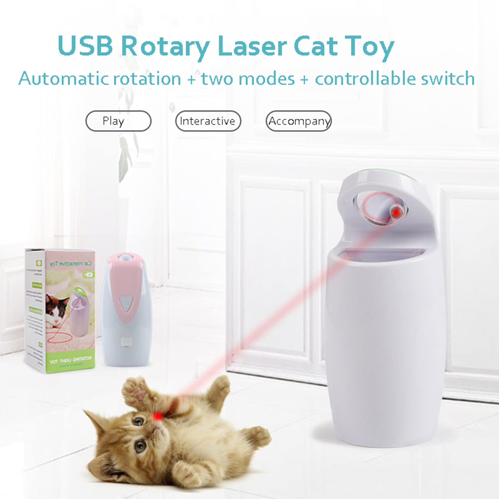 Zabawka laserowa dla kota Automatycznie, interaktywne zabawki laserowe dla kota Obracanie łapania, stawianie wysoko, automatyczne wyłączanie i cisza, kabel ładujący USB