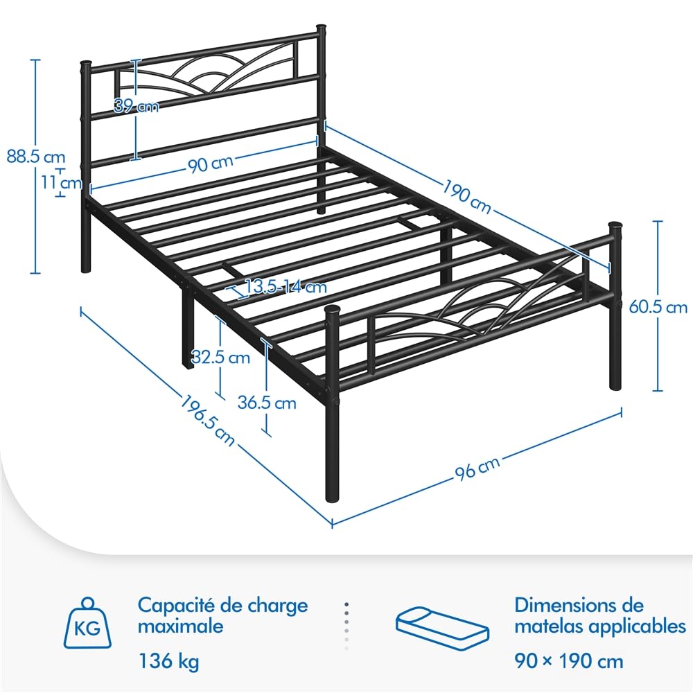 Yaheetech Lit Simple Cadre de lit 90 x 190 cm en Métal Assemblage Simple pour Petits Espaces Adultes Noir