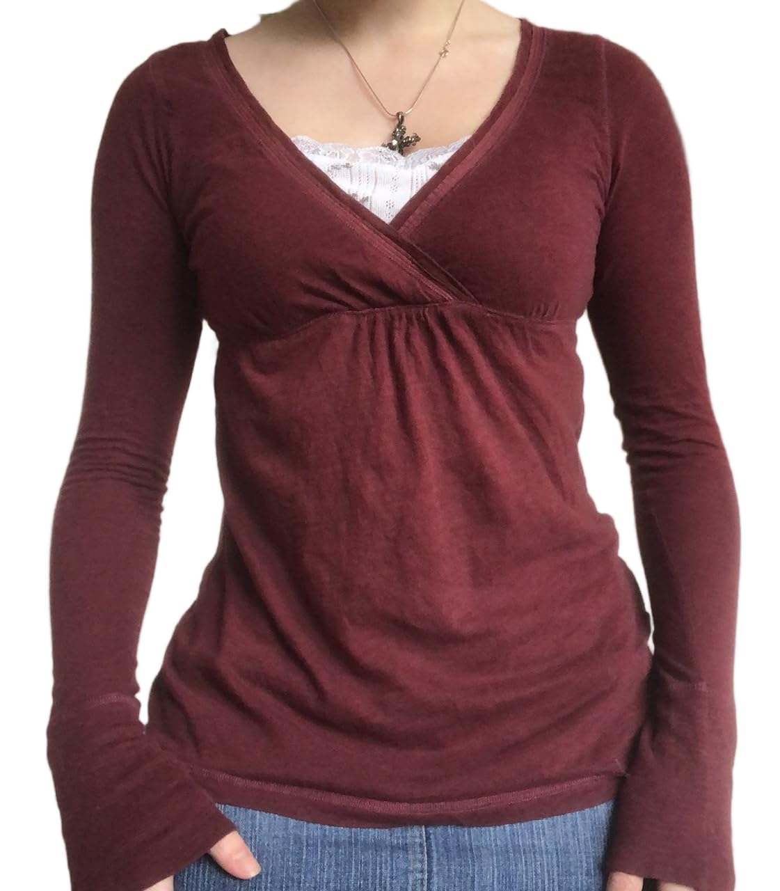 Eimmao Women Babydoll Long Sleeve Top Y2K V Neck Shirts Dark Red M โ image 1
