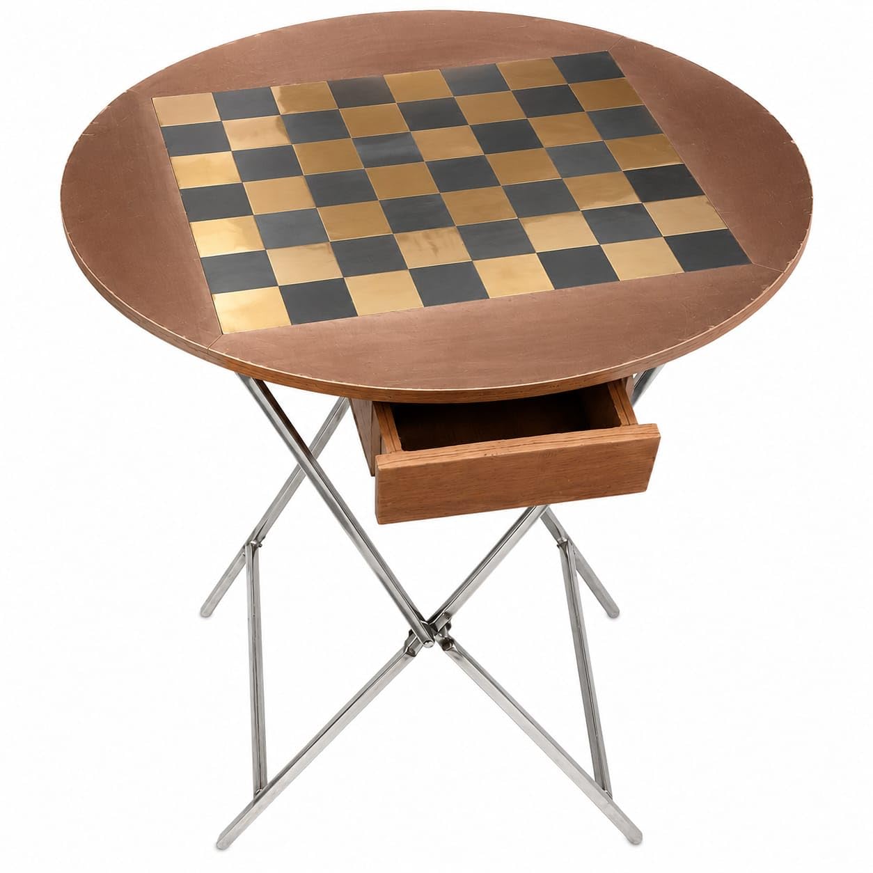 Foldable Chess Table with Storage Drawer, Round Wooden Chess Board Table, Portable Folding Metal Frame, Indoor Outdoor Game Table, 60 x 75 cm, Brown-image-6