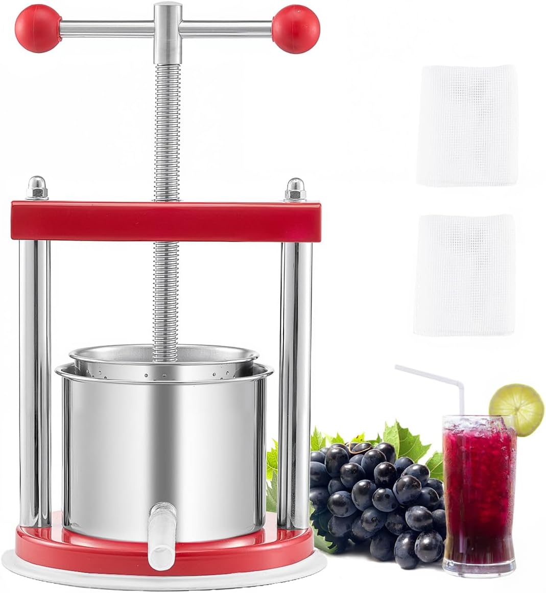 VEVOR 0.44 Gal/1.65L Fruit Wine Press, 2 Stainless Steel Barrels, Manual Juice Maker, Cider Apple Grape Tincture Honey Olive Oil Making Press with T-Handle for Outdoor Kitchen Home 0.44 Gallon T-handle