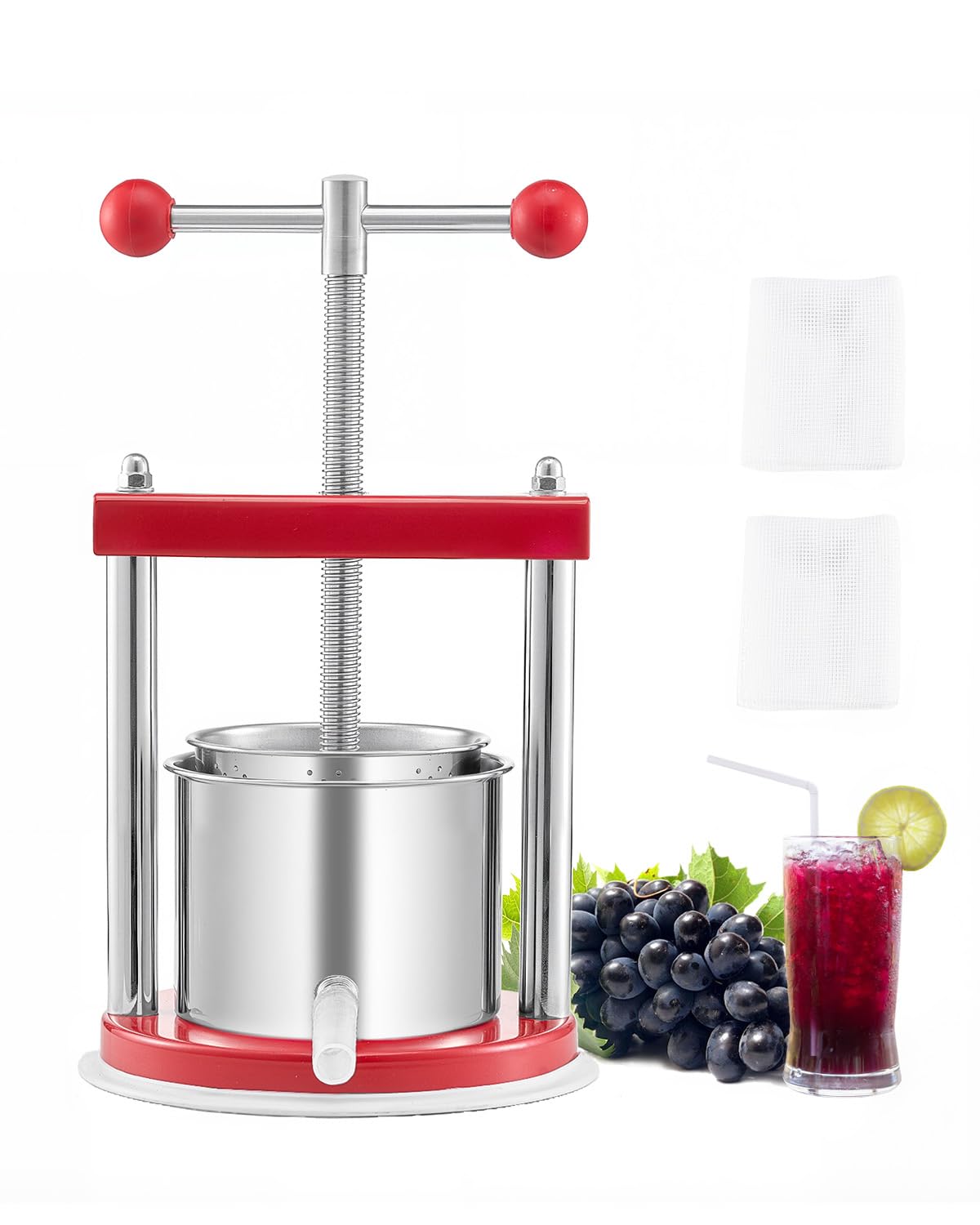 VEVOR Pressoir à Fruits Manuel Capacité 1,​65 L, Presse à Vin avec 2 Barils en Acier Inoxydable, avec Poignée en T, Nettoyage Facile, Presse à Jus, Raisin, Cidre de Pomme pour la Cuisine et la Maison