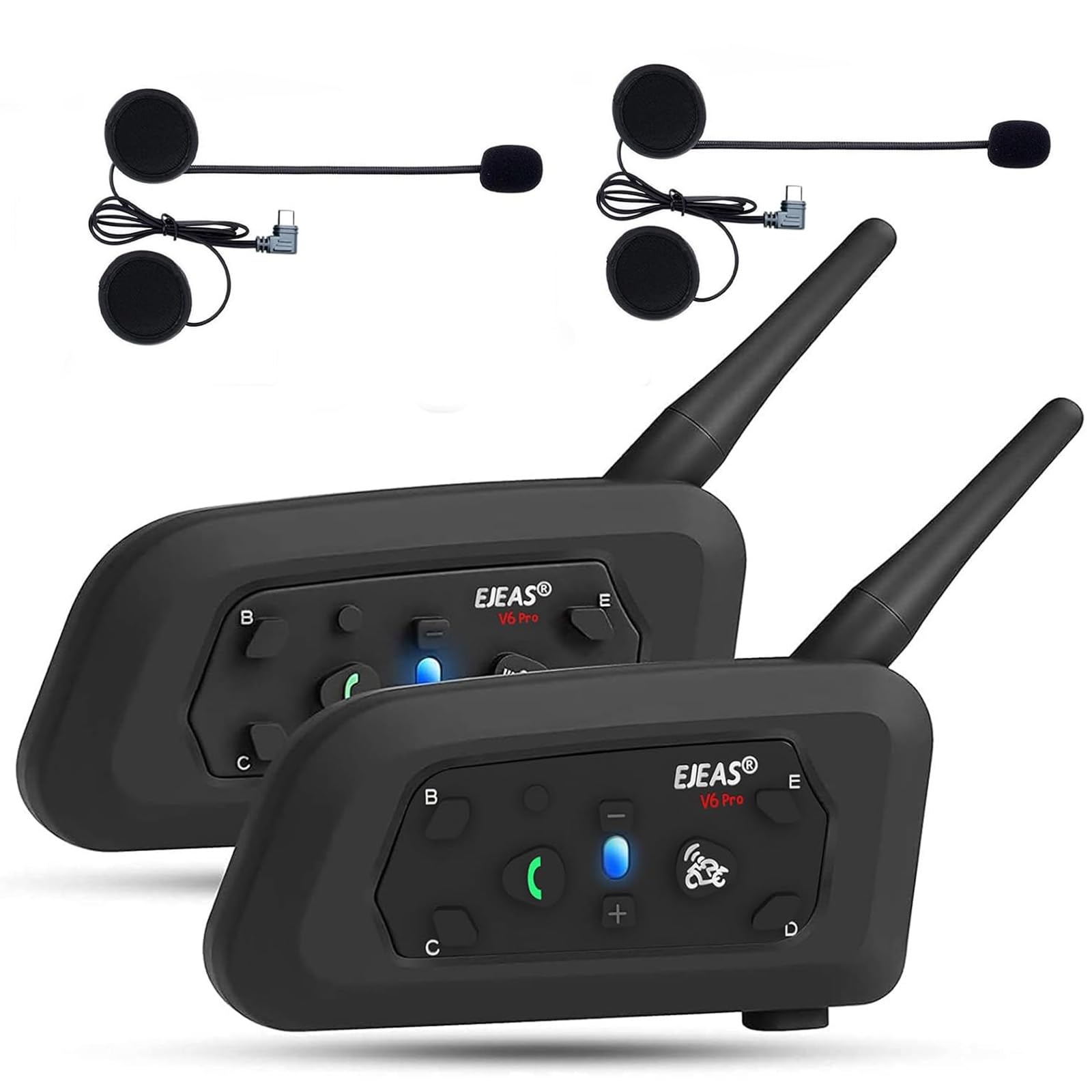 EJEAS V6 Pro + Casque de Moto Bluetooth 5.1, Version améliorée V6 Pro, équipé d'une Interface de Type C (Lot de 2)