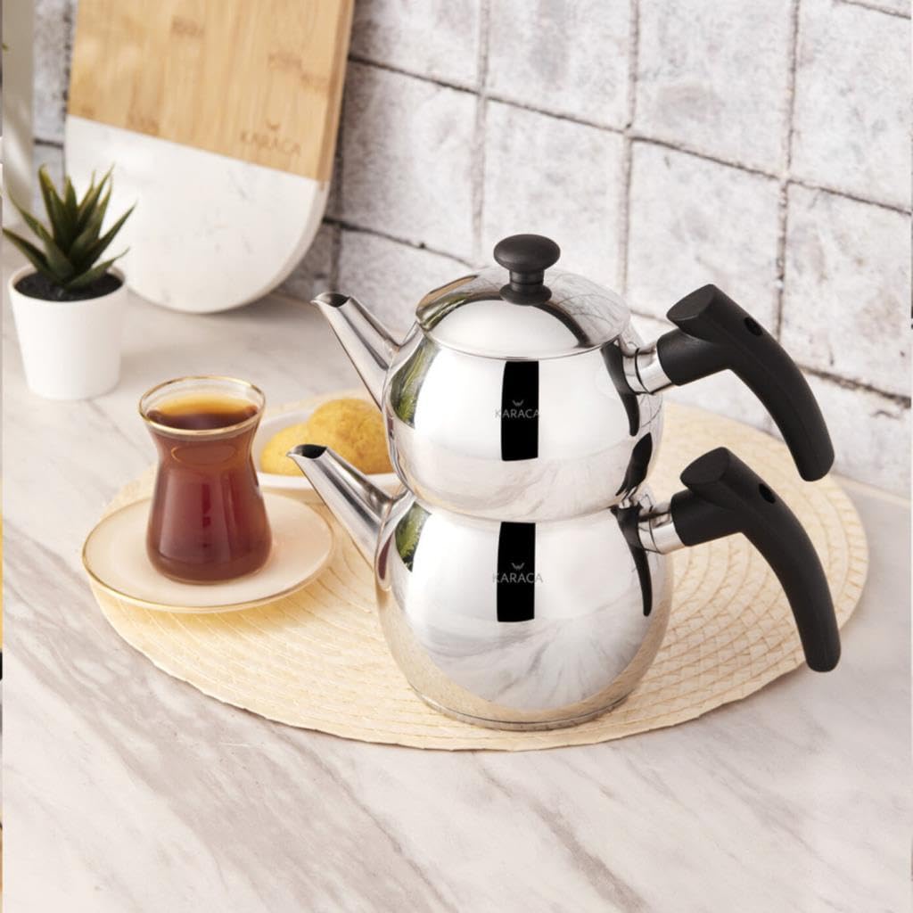 Karaca Adelya – Mini théière turque en acier inoxydable avec couvercle – Théière turque de 0,65 litre et réservoir d'eau de 1 litre) – Théière en bakélite noire qui ne brûle pas – Théière et