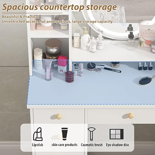 Miniatura 3 de FUFUGAGA Juego de tocador con espejo redondo tocador de maquillaje con 5 cajones estantes escritorio de tocador y taburete acolchado espejo