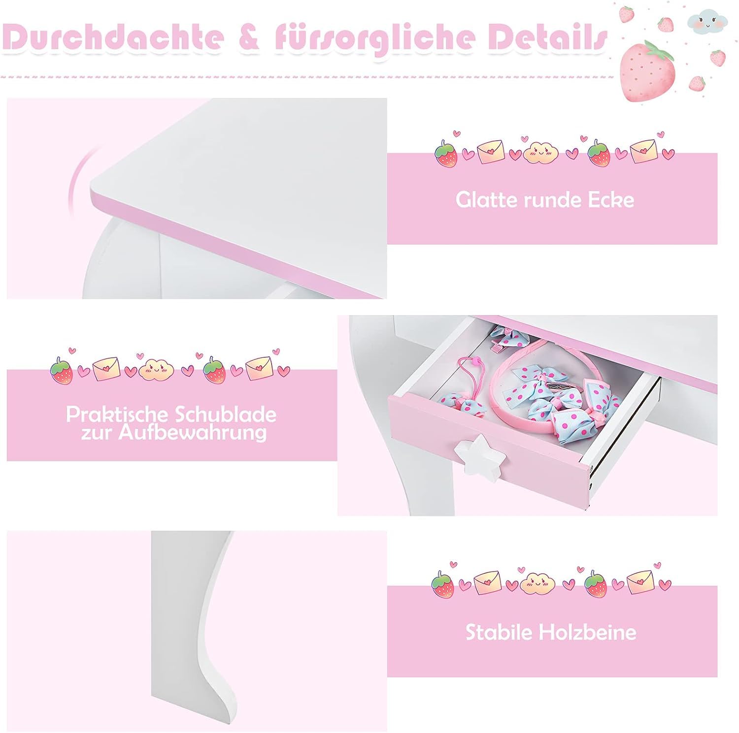 FANTASK Kinderschminktisch mit Schublade und abnehmbarem Spiegel, Prinzessinnenschminktisch mit Hocker, rosa und weißer Schminktisch für Mädchen von 3-7 Jahren