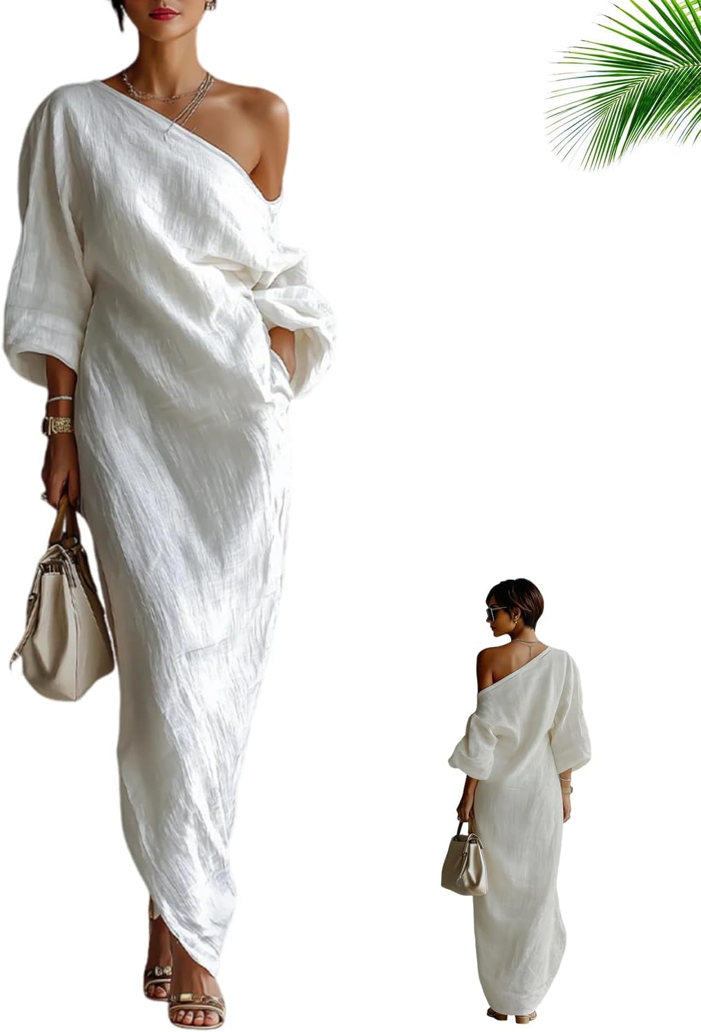 2026 Women's Ivory White Cotton-Linen Blend One-Shoulder Flowing Maxi Dress Elegant Lantern-Sleeve Draped Dress with Pockets