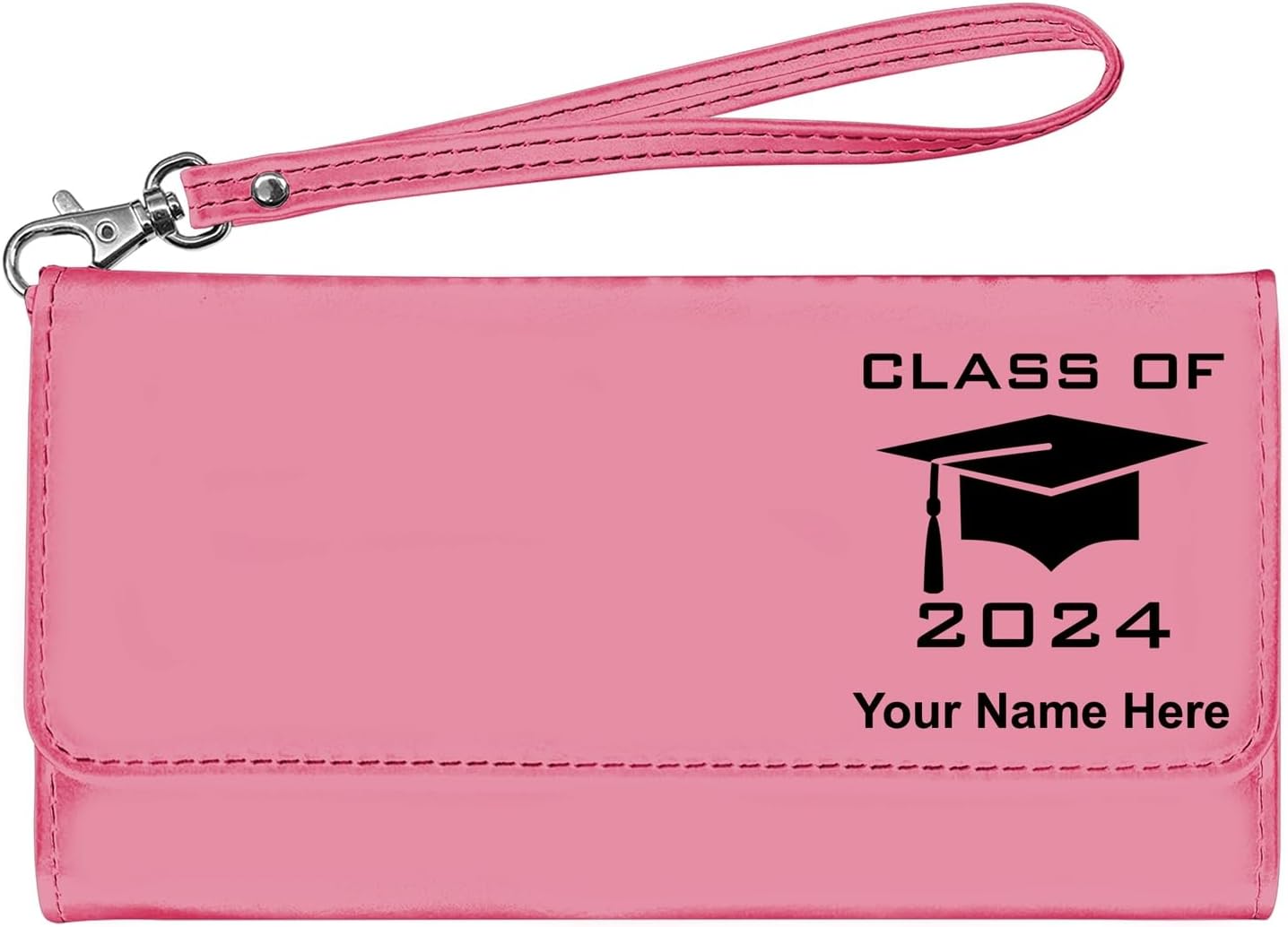 LaserGram Faux Leather Womens Wallet with Strap, Grad Cap Class of 2023, 2024, 2025, 2026, Personalized Engraving Included (White)