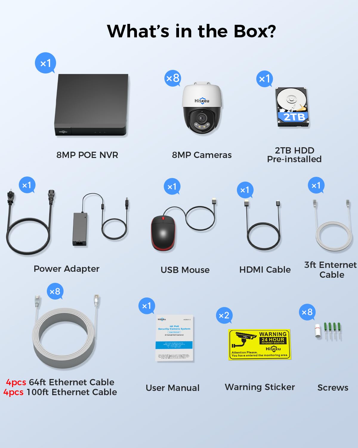 Hiseeu Sistema di telecamere di sicurezza PoE 4K, 8 pezzi, telecamera cablata PoE PTZ da 8 MP per esterni e interni, rilevamento veicolo umano, audio a 2 vie, visione notturna a colori, espandibile 16