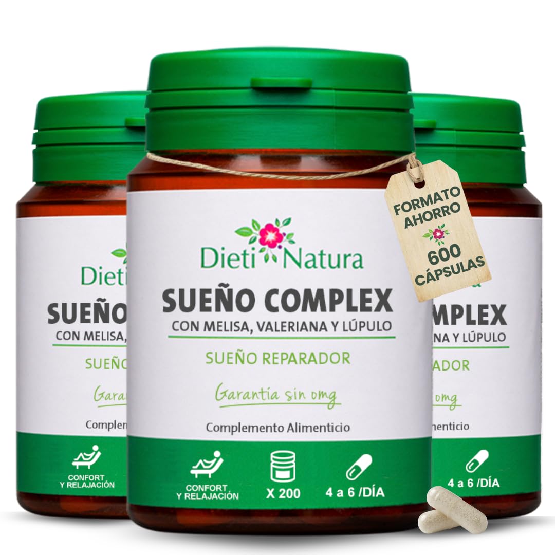 Dieti Natura Sueño Complex 200 Cápsulas de Origen Vegetal (Pack de 3) - Con Valeriana, Escholtzia, Lúpulo y Melisa - Favorece el Sueño y Calma el Sistema Nervioso - Garantía Sin OGM