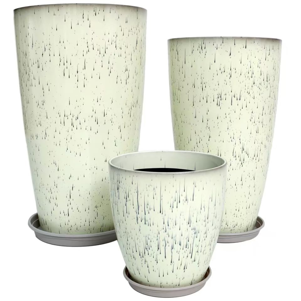 24,21,11 Inch Large Plastic Planters with Drainage Hole and Saucer - Set of 3 Tall Plant Pots Indoor Flower Pot Tall Round Planters Outdoor Large Tall