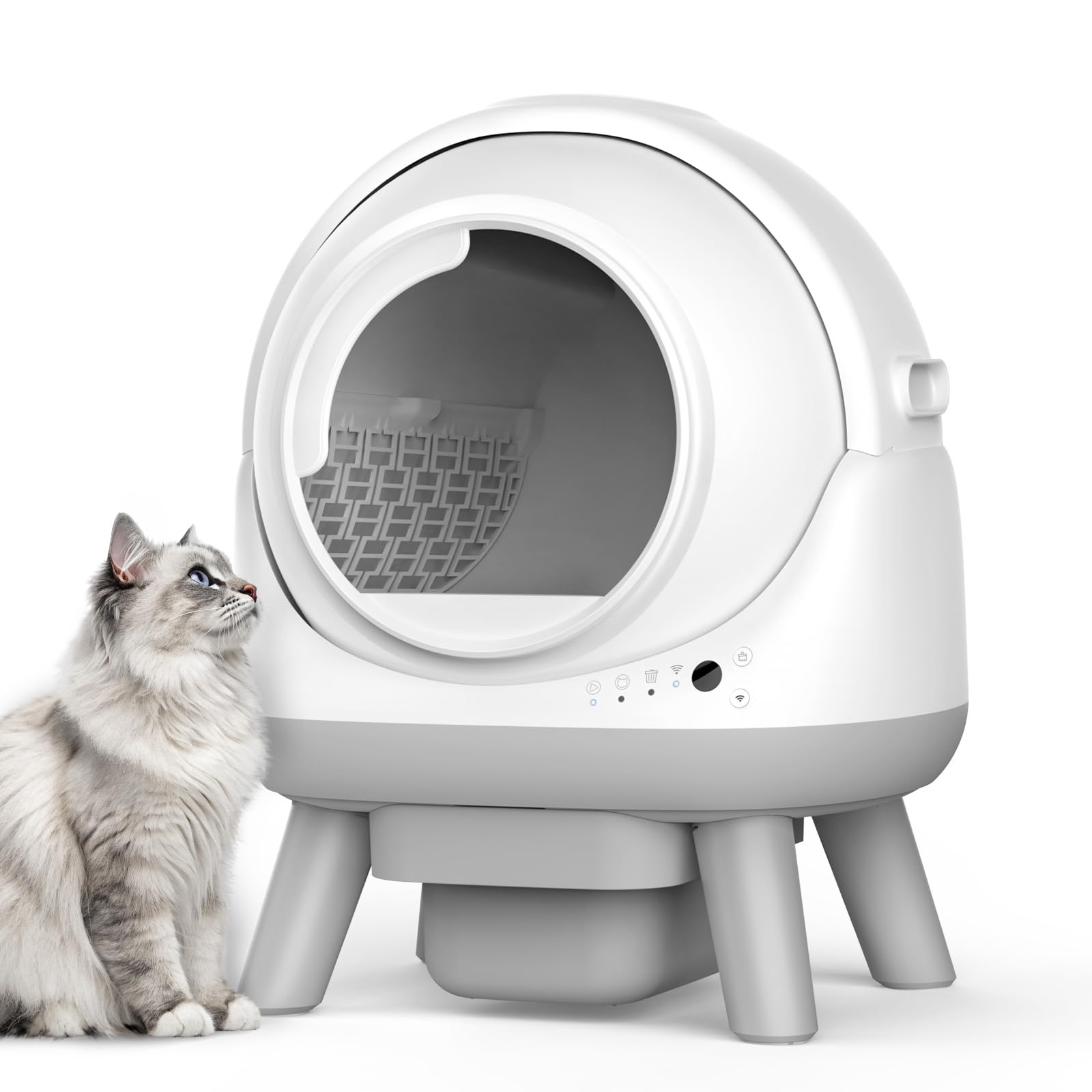 ELS PET Extragroße Selbstreinigende Katzentoilette, Sicherheitsarm, Weiß | App-Steuerung, offenes Design, Sicherheitsarm, 7 Sensoren, Geruchskontrolle, 30 cm Eingang, 18 L Tank, 1,1-8,2 kg, Antihaft