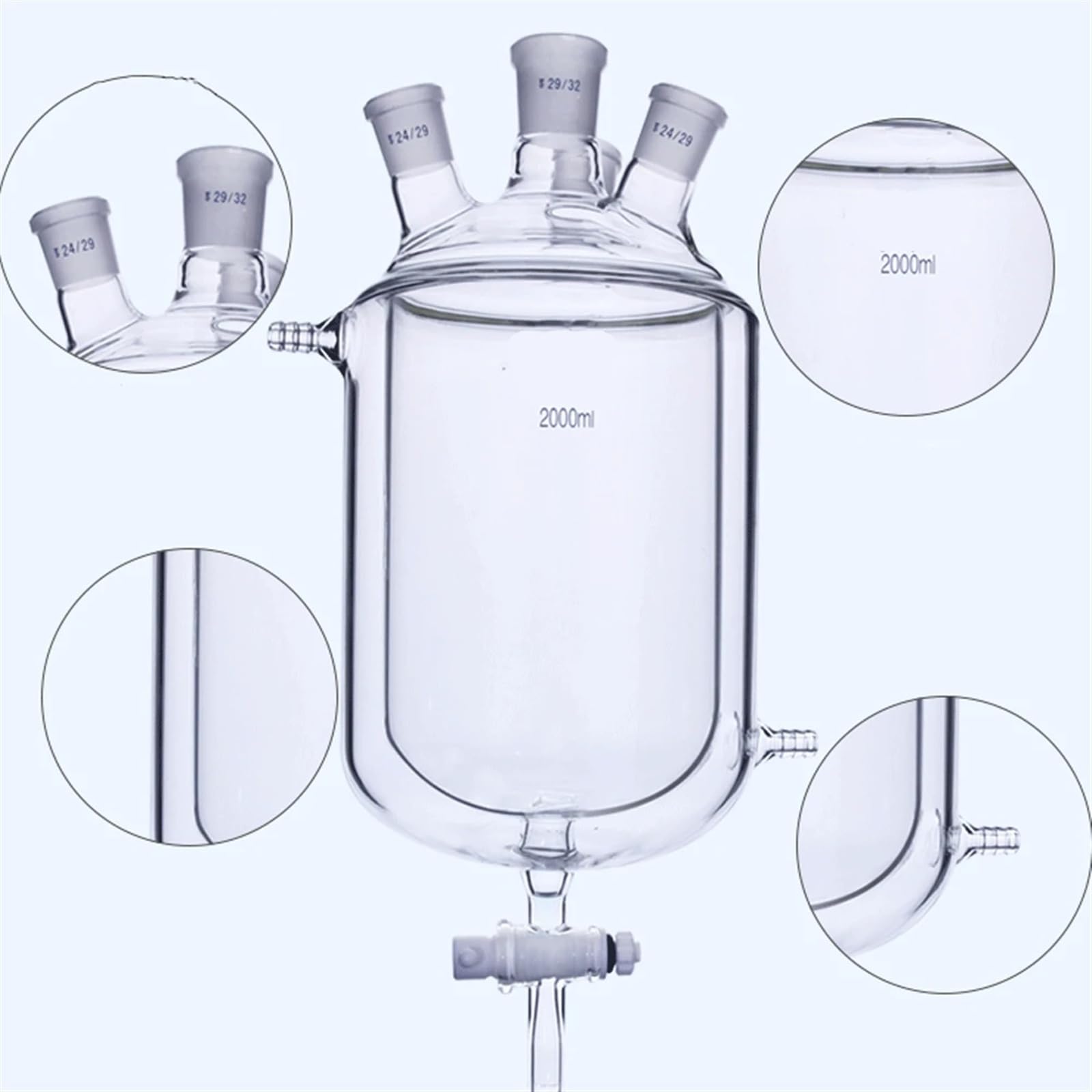 matraz de fondo redondo， Botella de reacción de laboratorio de tres cuellos y doble capa con válvula de descarga de 250-2000 ml y juntas de 14-29 mm(250ml 29-24-24-24)