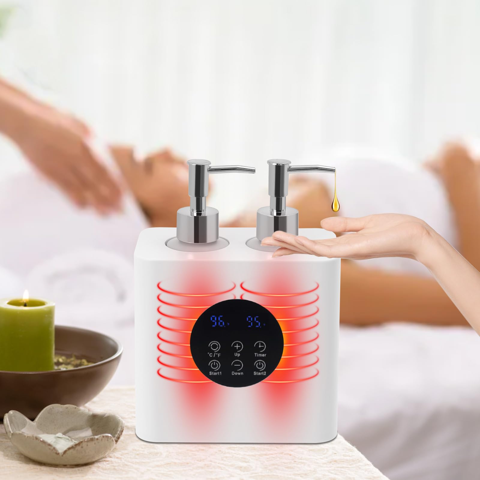 Scaldacollo olio da massaggio, scalda olio da massaggio con dispenser per bottiglie d'olio, scalda olio da massaggio, oli essenziali, lozioni per il corpo, creme, gel doccia (bianco)